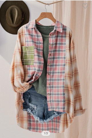 Plaid Patched Oversized Button Down Shirt
