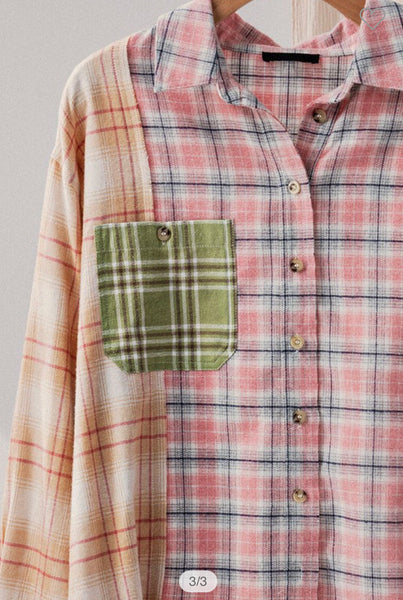 Plaid Patched Oversized Button Down Shirt