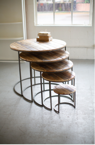 Recycled Wood and Iron Round Display Tables