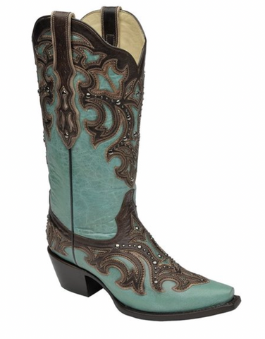 Corral Women's Turquoise Studded With Chocolate Overlay Snip Toe Boots - G1184 (PM)