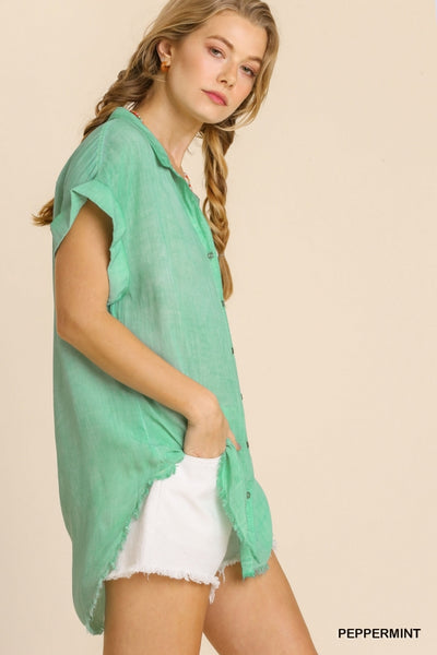 Washed Button Up Short Sleeve Top with Frayed Hemline