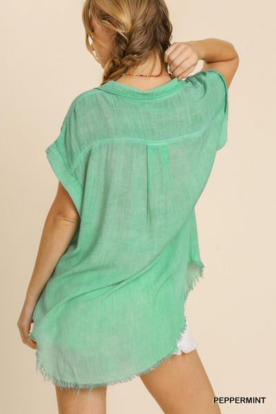 Washed Button Up Short Sleeve Top with Frayed Hemline