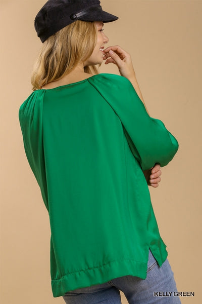 Umgee Satin Half Balloon Sleeve Round Neck Top