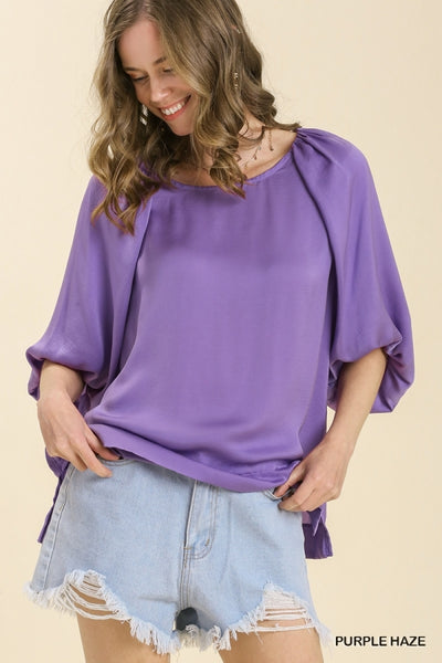 Umgee Satin Half Balloon Sleeve Round Neck Top