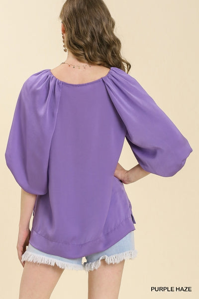 Umgee Satin Half Balloon Sleeve Round Neck Top