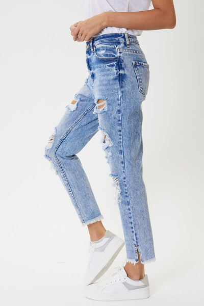 High Rise Fray Hem With Side Split Mom Jean