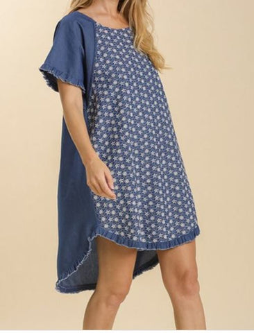 Dark Denim & White Floral-Embroidered Short-Sleeve Hi-Low Dress