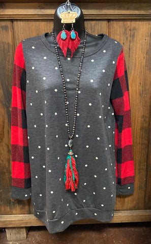 Polka Dot Top with Buffalo Plaid Sleeves