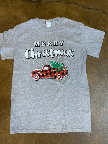 Merry Christmas T Shirt with Buffalo Plaid Truck