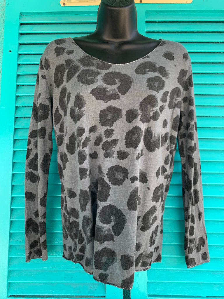 Charcoal U-Neck Animal Print Long Sleeve Top