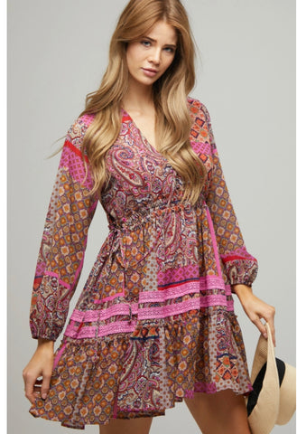 Fanta Pink Printed V Neck Mini Dress