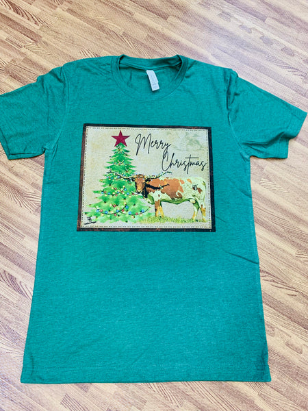 Merry Christmas Longhorn w/Christmas Tree T Shirt