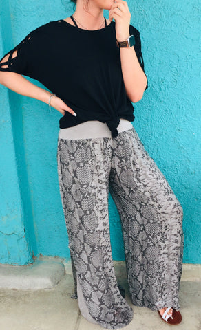 Knit Waist Snake Print Silk Pants