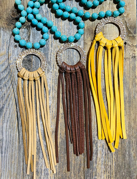 Turquoise Bead Necklace W/ Leather Tassel 3 Colors