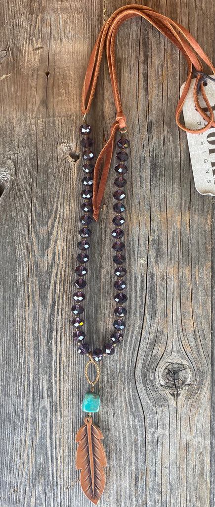 Plum Crystal w/Turq & Feather Necklace