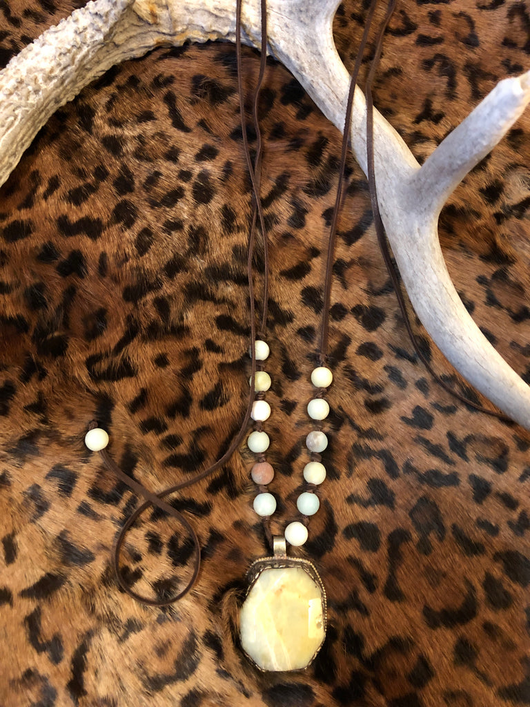 Leather and Bead Necklace with Stone