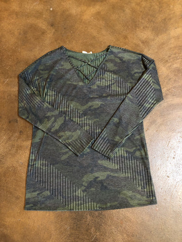 Ribbed Camo Print Criss Cross Shirt