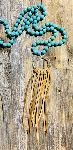 Turquoise Bead Necklace W/ Leather Tassel 3 Colors