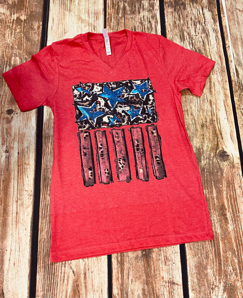 Red Patriotic Flag V Neck T Shirt