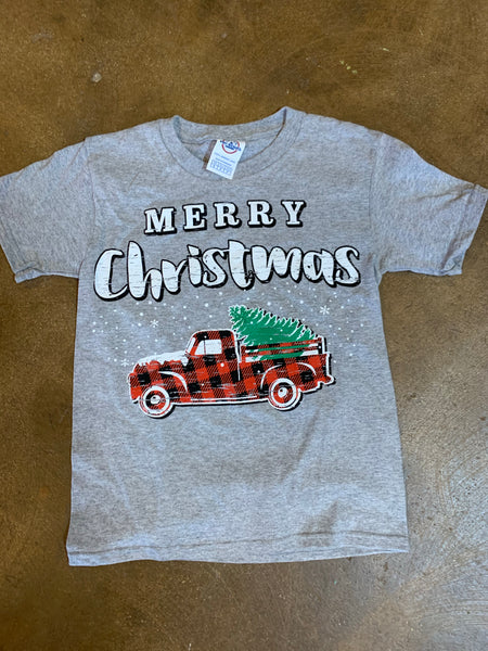 Merry Christmas T Shirt with Buffalo Plaid Truck - KIDS