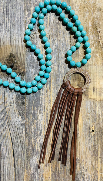 Turquoise Bead Necklace W/ Leather Tassel 3 Colors