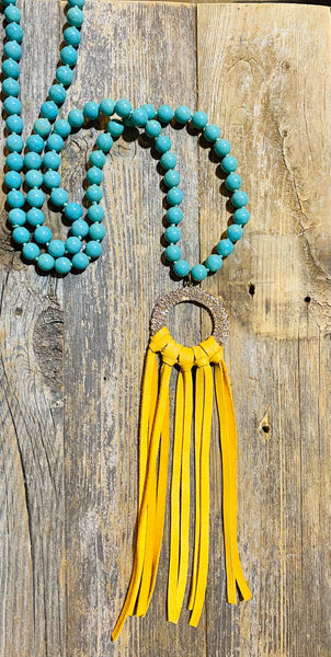 Turquoise Bead Necklace W/ Leather Tassel 3 Colors