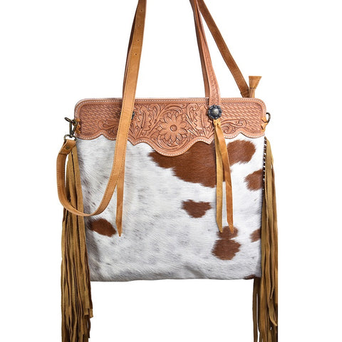Tan and White Hair-On Purse with Fringe