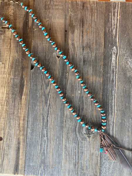 Turquoise w/Arrow Feather brass necklace