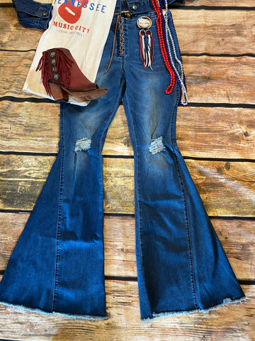 Mid Wash Lace Up Flare Jeans