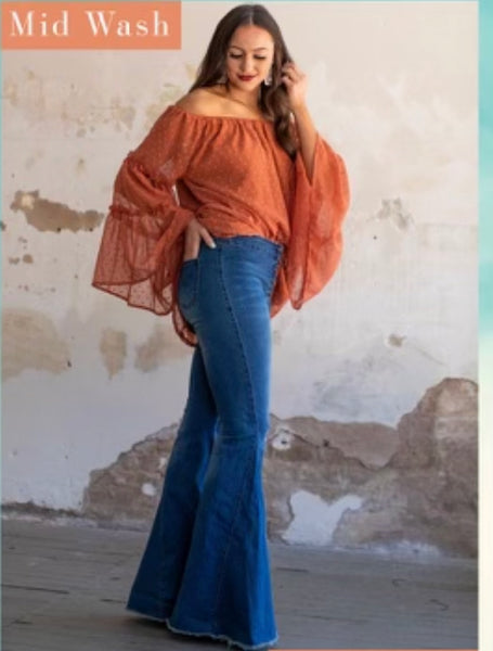 Mid Wash Lace Up Flare Jeans