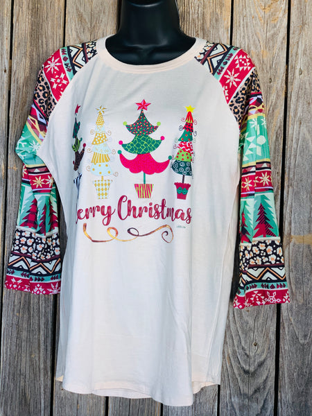 Merry Christmas Musical Christmas Trees Raglan T-Shirt