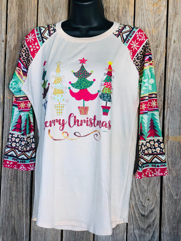 Merry Christmas Musical Christmas Trees Raglan T-Shirt