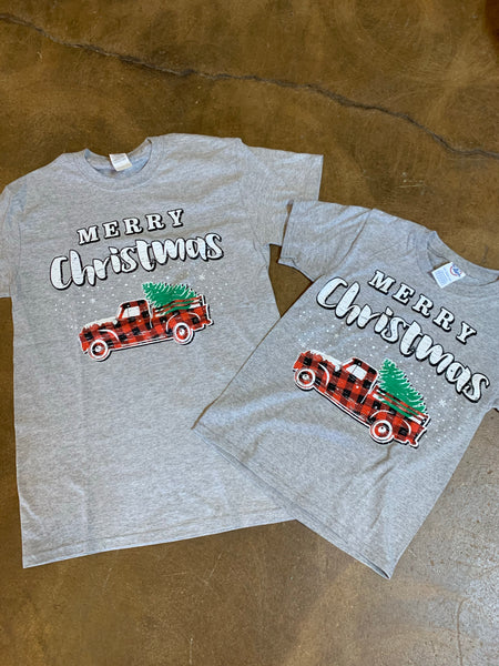 Merry Christmas T Shirt with Buffalo Plaid Truck - KIDS