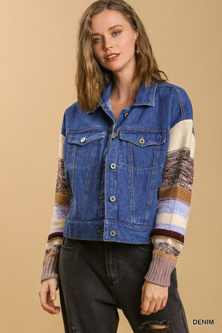Collared Button Down Denim Jacket with Striped Knit Contrast Sleeves
