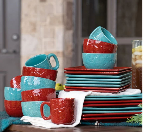 SAVANNAH 16-PC DINNERWARE SET, TURQUOISE & RED