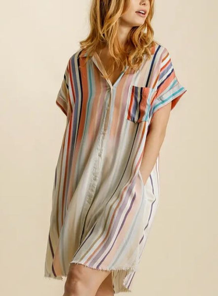Striped Short Sleeve Button Down Dress