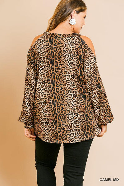 Umgee Animal Print Long Puff Sleeve Open Shoulder Round Neck Top