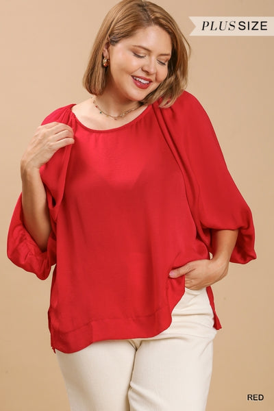 Satin Half Balloon Sleeve Round Neck Top -Plus