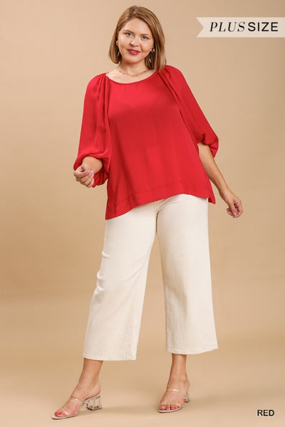 Satin Half Balloon Sleeve Round Neck Top -Plus